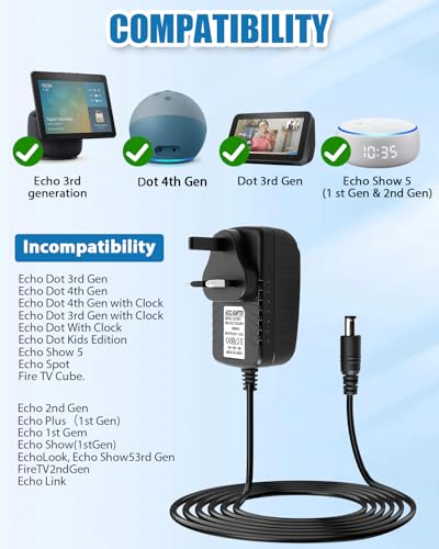 30W Netzteil kompatibel mit Alexa Echo (3. 4. Gen), Show 8 10 15, Plus 2. Gen, 18V 1.67A Ladegerät mit 6.3mm Stecker, Ersatzadapter UK Plug 2m für Smart Lautsprecher - Image 4