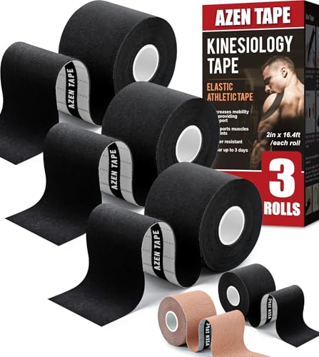 AZEN 3 Rolls Kinesiology Tape, 16.4 ft Waterproof Kinetic Tape for Joints Support and Muscle Pain Relief, Uncut Muscle Tape, Knee Tape, Athletic Tape - Black
