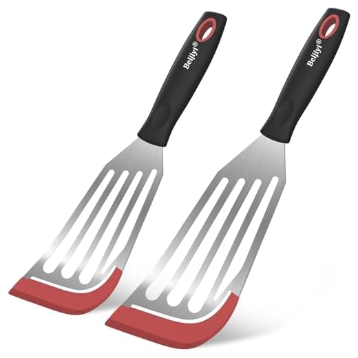 Beijiyi Fish Spatula Turner Set of 2, Heat Resistant Silicone Edge Slotted Fish Spatulas for Nonstick Cookware, Flexible and Thin Stainless Steel Kitchen Cooking Spatula Flipper for Fish, Egg, Pancake