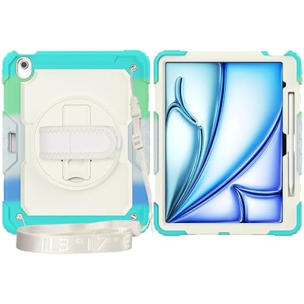 Kompatybilny z etui iPad Air 13 cali M2 2024 ochraniaczem ekranu, [podpórka] [pasek na ramię] Odporna wstrząsy wytrzymała obudowa obrotowym paskiem rękę 360° i ramię(Light blue)