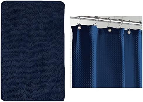 Cortina de ducha de chenilla para baño y gofre, tamaño de baño 36 x 24, lavable a máquina, cortina de ducha tipo gofre de 72 x 72, tela gruesa con peso, ambos en azul marino, paquete de 2 artículos