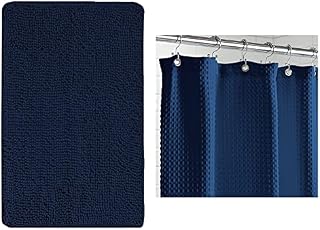 Cortina de ducha de chenilla para baño y gofre, tamaño de baño 36 x 24, lavable a máquina, cortina de ducha tipo gofre de 72 x 72, tela gruesa con peso, ambos en azul marino, paquete de 2 artículos