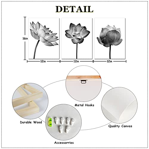 Ilooklike Lotus Pictures Wall Decor Black And White Flower Wall Art Prints Elegant Floral Photo Artwork Grey Water Lily Painting Stretched And Framed For Living Room Bedroom 12X16Inchx3Pcs #TOP4