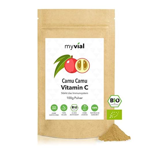 myvial® C-vitamin från naturligt Camu Camu pulver – biokvalitet – 100 g pulver i 4 månaders förråd – Immunsystem & skydd – vegan – 100 % rent & naturligt – Utan ytterligare – förpackad i plast