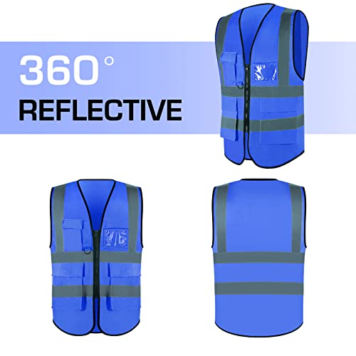 New Olym High Visibility Reflective Safety Vest With 5 Pockets And Zipper Safety Vest For Men & Women Class 3 Blue M #TOP5