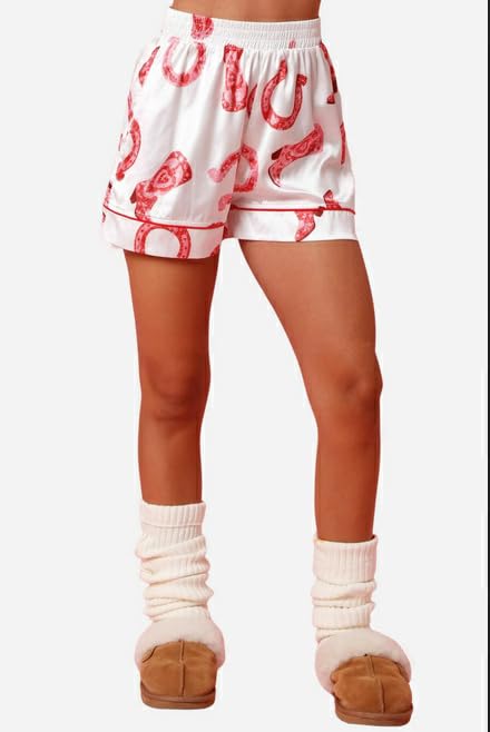 Image of Yiulangde Cowboy Boot Pajamas For Women Cute Silk Satin Preppy Pjs Shorts Y2k Printed 2 Piece Button Down Pajama Shirts Sets, Small, White-horseshoe