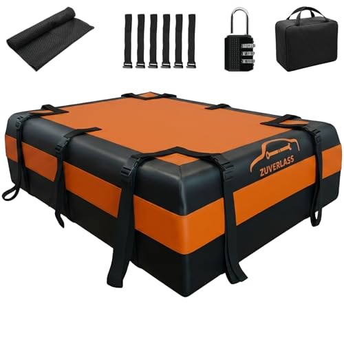 21 Cubic Feet Car Roof Cargo Carrier Bag, Waterproof Rooftop Bag for All Vehicle with/Without Racks, Soft Roof Top Storage Box with Anti-Slip Mat, 6 Door Hooks, Luggage Lock, Black Orange by zuverlass - Used condition - US$61.05