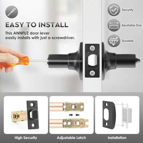 ANNFUZ Round Privacy Lever Door Handle Without Key,Keyless Door Lever Interior Lockset for Bedroom/Bathroom,Reversible for Left or Right Handed Door(Privacy,Matte Black)