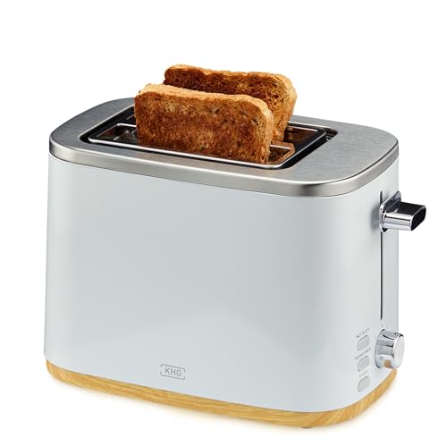 KHG Toaster TO-810 WWD | 2 Scheiben Toaster mit Brötchenaufsatz | 7 Bräunungsstufen mit Bräunungskontrolle, Krümelfach | 800 Watt Leistung | Außengehäuse - Weiß mit Holzapplikation