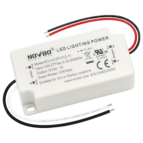 Novbo 12V 1A Power Supply 12W DC Power Supply 100-277V AC to 12V DC Transformer Constant Voltage LED Driver for LED Strip Lights UL Listed