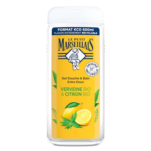 Le Petit Marseillais – Gel Douche Extra Doux Verveine Bio & Citron Bio (650 ml) – Hydrate et Rafraîchit, pH neutre, sans colorant et 92% d'origine naturelle – Flacon 100% recyclable
