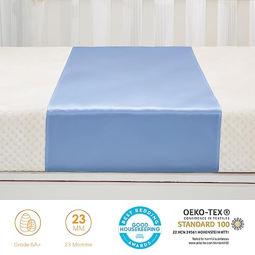 Image of PROMEED 100% Mulberry Silk Bassinet Sleeve for Baby Bald Spots, Preminium 23 Momme Silk Bassinet Half Sheet for Baby Hair Loss (Light Blue)
