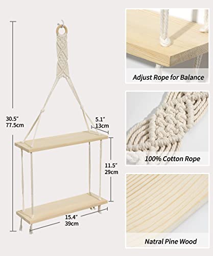 Afuly Macrame Hanging Shelves Wall Floating Shelf Natural Wood Chic Boho Decor 2 Tiers Pine Wood Cotton Rope Beige For Bedroom Bathroom Living Room Decor Ready To Hang, Beige #TOP2