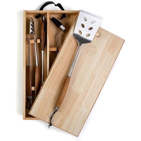 Schmidt Brothers - BBQ Bonded Teak 4 Piece Grilling Accessory Set, Full-Forged Stainless Steel Grilling Utensils Including Spatula, Fork, Basting Brush, and Tongs with All Wood Handles Cover