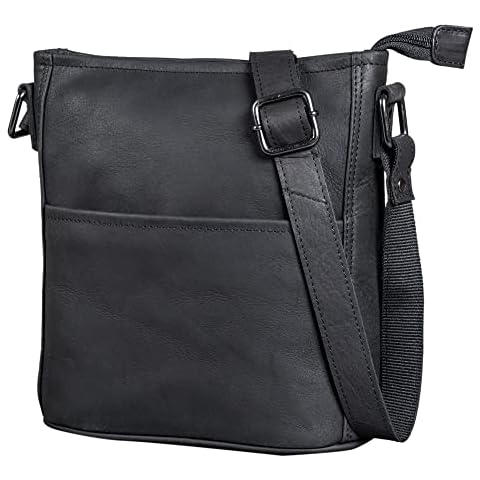 LEABAGS Leder Handtasche Damen I Premium Echtleder Umhängetasche I Damen Schultertasche I Damentasche I Tragetasche für Arbeit Uni Schule Freizeit I Größe L I Nature Schwarz Cover