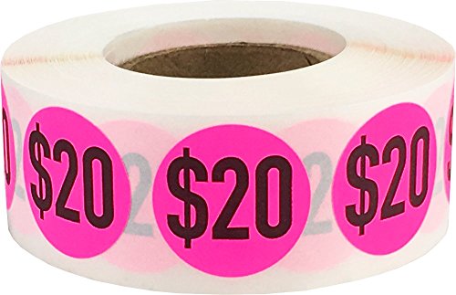 Stickers rose fluo 20$ adhésifs ronds 0.75 pouce lot de 500 pièces
