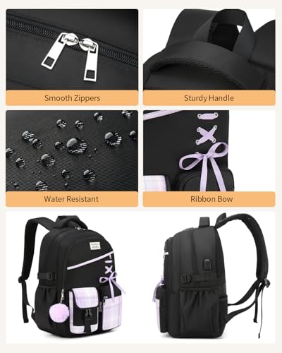 Image of Cute School Backpack for Teen Girls, 3Pcs Kids Bookbag with Lunch Box Pencil Pouch for Elementary Middle High School College, Water Resistant Laptop Backpacks Back to School Gift Black Purple Tartan