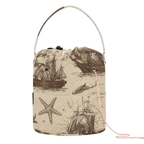 Image of Tatenale Crochet Bag Yarn Bag Knitting Project Bag with Pockets and Handle Portable Yarn Storage Organizer Tangle Free 8.3x11 InchVintage Brown Sailing Ships Starfish Anchor31