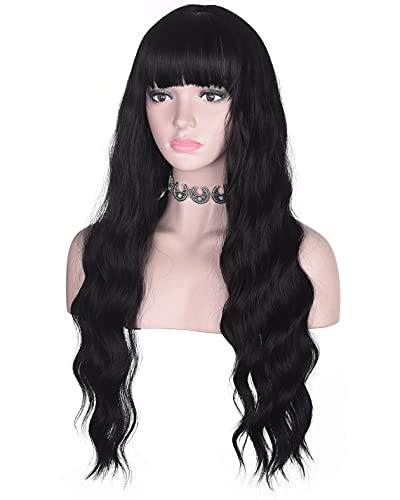 Amzcos Long Wavy Black Wig With Bangs For Women Heat Resistant Synthetic Hair Wigs For Daily Use(Black) #TOP1