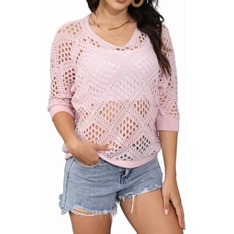 NASKY Women’s Casual Knit Pullover Hollow-Out 3/4 Batwing Sleeve Lightweight and Comfortable Boho Chic Summer Sweater(Pink,Medium) Cover