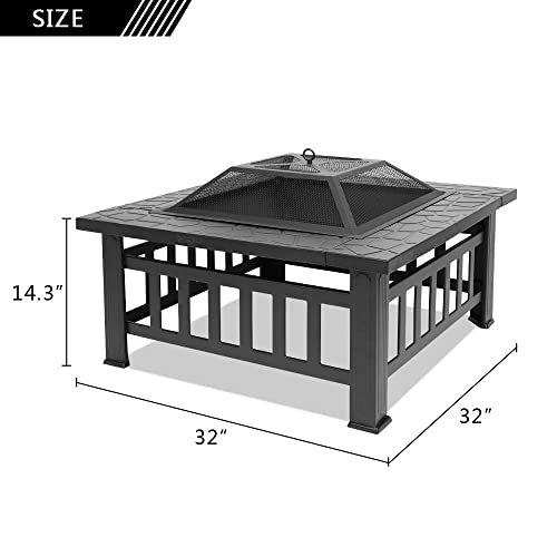 Bonnlo Outdoor Portable Fire Pit 32" With Barbecue/Cooking Grill, Poker And Rain Cover Square Metal 3 In 1 Wood Burning Fire Pit Backyard Patio Terrace #TOP1