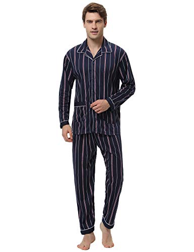 iClosam Herren Pyjama Baumwolle Winter Set,Schlafanzug Langarm Klassisch Warm Streifen Zweiteiliger Shirt Knopf und Pyjamahose Cover