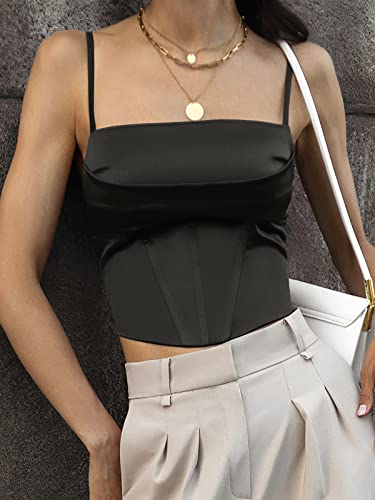 Vnira Women's Corset Top Sexy Y2K Crop Tops Going Out Sleeveless Bustier Satin Lace Up Zip Spaghetti Strap Tank Tops Black M #TOP3