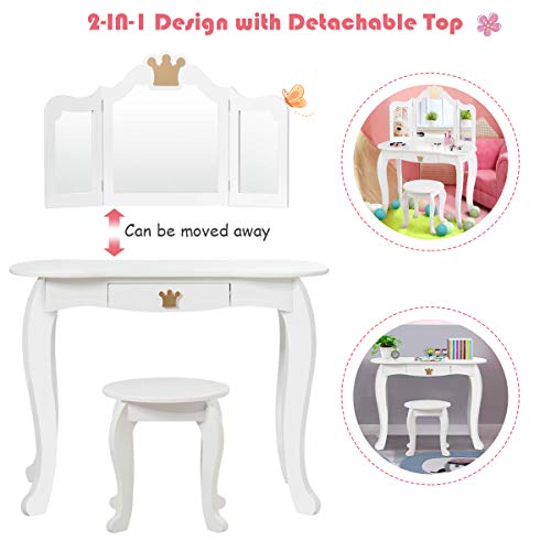 Costzon Kids Vanity Table And Chair Set, Princess Makeup Dressing Table With Drawer & Tri-Folding Mirror, 2 In 1 Vanity Set With Detachable Top, Pretend Beauty Play Vanity Set For Girls (White) #TOP3