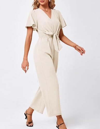 JASAMBAC Women's Jumpsuits & Playsuits Black One Piece Jumpsuits for women Dressy Casual V Neck Short Sleeve Summer Travel Outfits Straight Linen Romper with Pocket Wedding Guest Outfits - Image 3