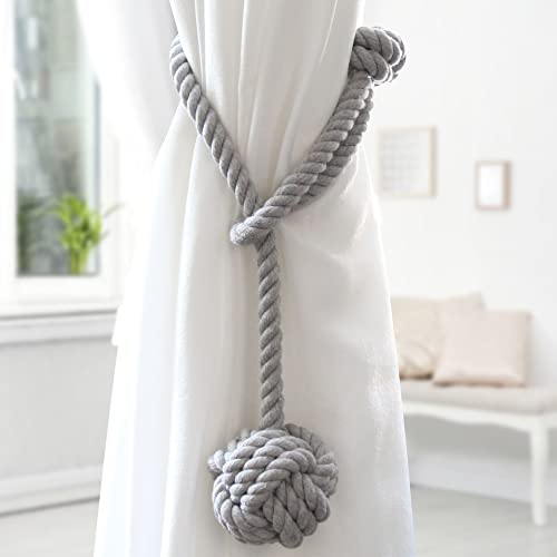 Miniatura 4 de Ocioli 2 Alzapaños De Cortina Con Gran Bola Tejida Para Exteriores, Alzapaños De Algodón Tejido A Mano, Alzapaños Decorativos Para Cortinas Gris, 2