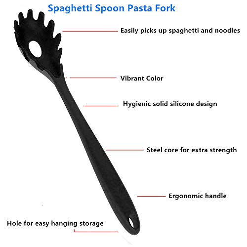 Spaghetti Spoon Pasta Fork,11Inch Silicone Pasta Fork,High Heat Resistant To 480°F, Hygienic One Piece Design, Spaghetti Strainer & Server Spoon Ideal For Cooking(Black) #TOP2