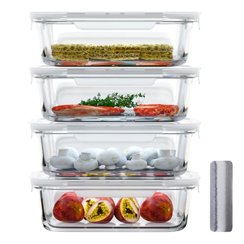Bstask 4pc Glass Meal Prep Containers Set, Airtight Glass Storage Containers with Snap Lock Lids, BPA-free, for Meal Prep & Baking