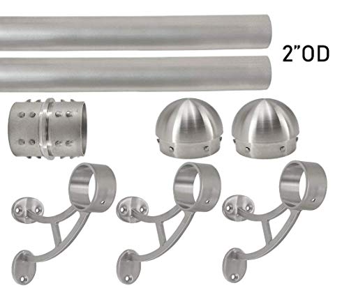 Top Hardware Solid Bar Mount Foot Rail Kit (Custom-Made), Brushed Stainless Steel Tubing (2 In Od, 8 Ft = 96 In Long) W/Internal Connector, Bar Mount Foot Rail Bracket, Domed End Cap #TOP1