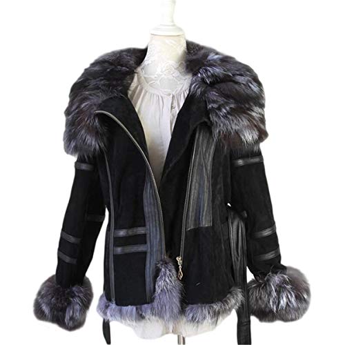 Kaishin Winter Real Fur Coats With Waistband Genuine Leather Jacket For Women With Silver Fox Fur Collar & Cuff Trimming Blackgrey Us6 #TOP5