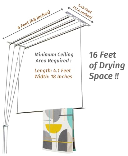 Image of Synergy - 4 Pipes x 4 Feet - Heavy Duty - Stainless Steel Ceiling Cloth Dryer for Balcony | Cloth Drying Rope with Pulley | Cloth Hanging Stand | Clothes Drying Stand Wall Mounted - (SY-CL1-4P)