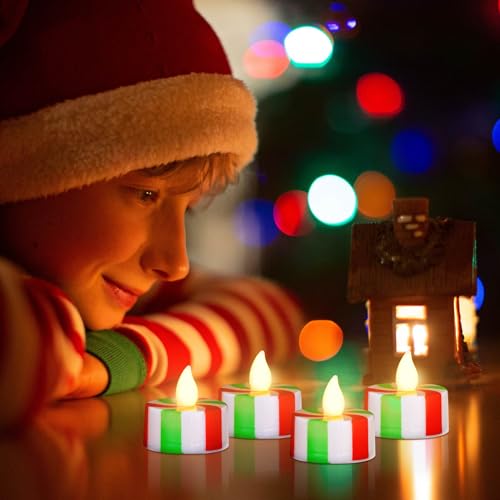 Zhanmai ZHANMAI-CANDLES--LDK782984 24 Pcs Christmas Candy Cane Tea Lights Led Flameless Candles Striped Battery Operated Flickering Candles Warm Yellow Light Candles Flameless Tealight Candles thumb #1