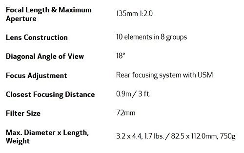 Objectif Canon EF Fonction Télé 135 mm f2.0 USM Canon EF pour EOS 1000 1D 50 500 5D 7D Kiss F Kiss X2 Kiss X3 Rebel T1i Rebel Rebel XSi - vue 4