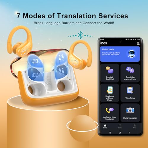 Image of AI Translation Earbuds Real Time, 164 Language Translator Earbud 3-in-1 Bluetooth 5.4 Translator Earbuds with 6 Translation Modes, 75H Translators Headphones with APP for Travel Business, Yellow