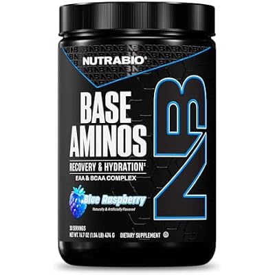 NutraBio Base Aminos EAA + BCAA Powder - 10g Essential Amino Acids Supplement, 6g 2:1:1 BCAAs, 2.8g Hydration Matrix with Electrolytes & Absorption Enhancer AstraGin - 30 Servings - Blue Raspberry