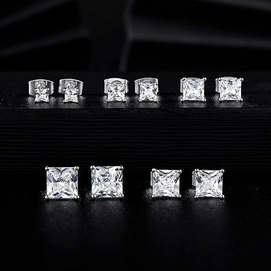 Stud Earring Set for Women Men 18K Yellow/White Gold Plated Princess Cut 4 Prong Graduated Square Clear Cubic Zirconia Pakc of 6 Pairs 3-7mm - Image 5