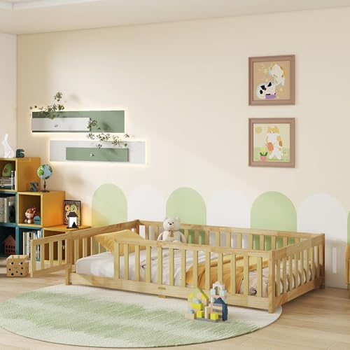 Mirightone Twin Size Floor Bed for Kids, Wood Montessori Floor Beds with Fence Railings, Door &...
