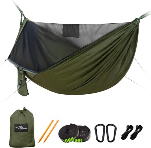 Travel Bird Camping Hammock with Mosquito Net and Ridge Rope, 290 * 140CM Large Space, Portable Lightweight Hanging Hammocks with Tree Straps for Outside, Hiking, Travel and Backpacking