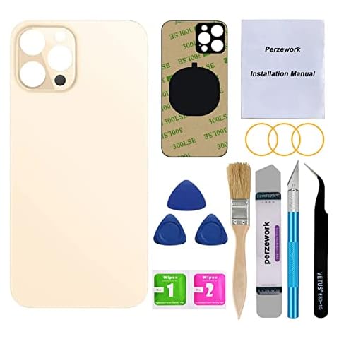 Perzework OEM Rear Back Glass Replacement (Gold) Compatible with iPhone 12 pro max 6.7 inches All Carriers with Pre-Installed Adhesive and Repairing Tool Kits Cover