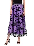 MS.ING Halloween Tulle Skirt for Women Velvet Bats Pumpkin Skull Dress High Elastic Waist Double-Layered Mesh Midi Skirt (US, Alpha, Large, X-Large, Regular, Regular, Purple Bat)