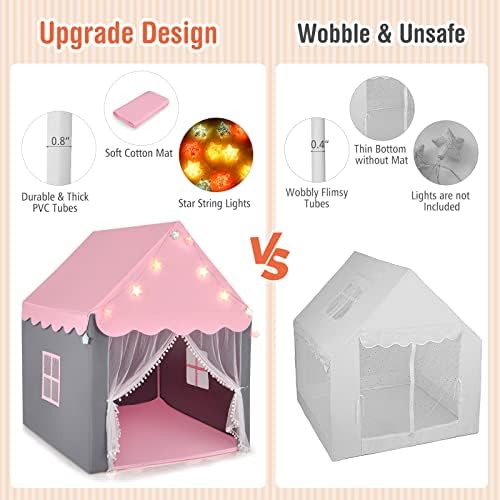 Costzon Kids Play Tent, Playhouse Tent w/ Washable Cotton Mat, Star String Lights, Windows, Bottom Zippers, Large Indoor & Outdoor Castle Fairy Tent, Easy Assembly, Gifts for Boys & Girls (Pink) 3 41o7Ws66suL. AC