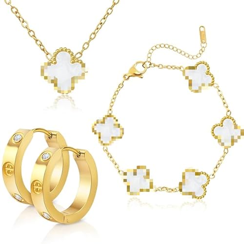 Ouxayapl 18K Vergoldet Kleeblatt Armband Anhänger Halskette Gold Armband Cubic Zirkonia Armreif 3 PCS Schmuck Set für Geschenke Geburtstags (3er-Set Ohrringe)