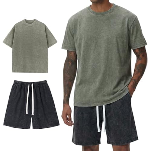 Arssm Mens Short Sets Outfits 2 Piece Summer Outfits Oversized T-Shirt Shorts Set Acid Wash Short Sleeve Tracksuit