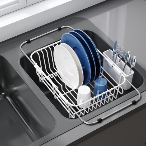 Image of JASIWAY White Dish Drying Rack in Sink with Utensil Holder, RV, Apartment