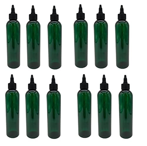 Natural Farms 8 oz Green Cosmo Plastic Bottles -12 Pack Empty Bottle Refillable - BPA Free - Essential Oils - Aromatherapy | Black Twist Top Cap - Made in the USA