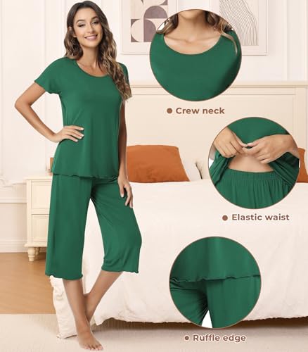 Image of NACHILA Women's Bamboo Viscose Pajama Sets Summer Cooling Short Sleeve Capri Soft Pjs Night Sweats Moisture Wicking Sleepwear